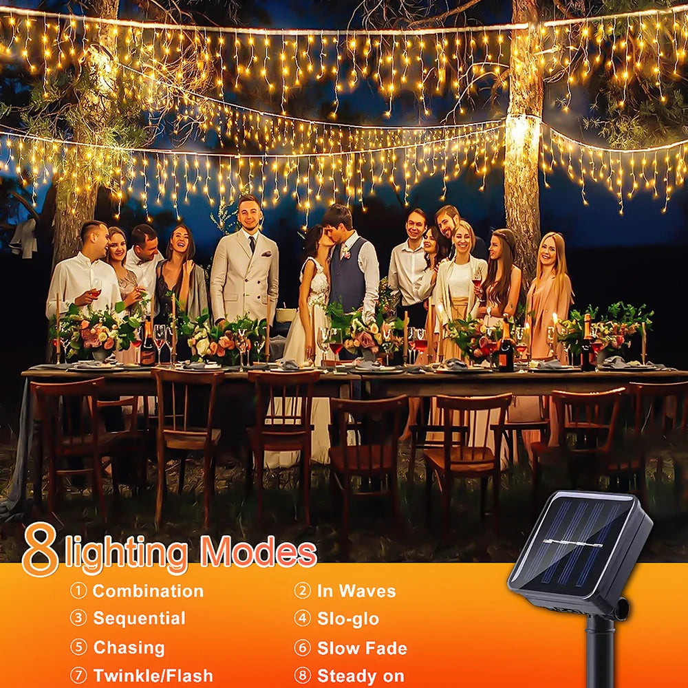 160LED Solar Icicle String Lights 3.5M/7.5M – Waterproof Christmas Outdoor Decor