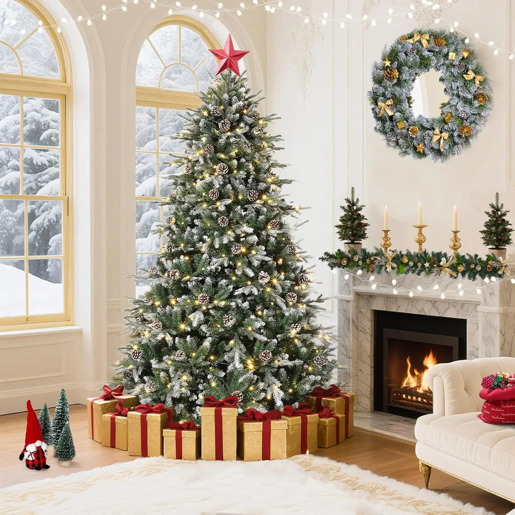 Pre-Lit Snow Flocked Christmas Tree – 6/7.5/9Ft LED Artificial Tree with Pine Cones 🎄
