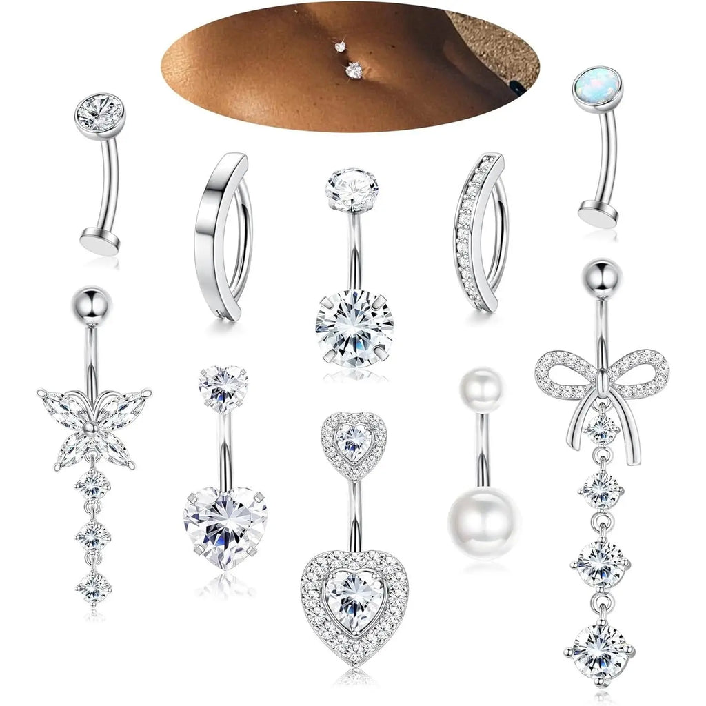 Women’s Belly Rings Pack – Surgical Steel 14G Heart & Opal Navel Piercing (10 Pcs )