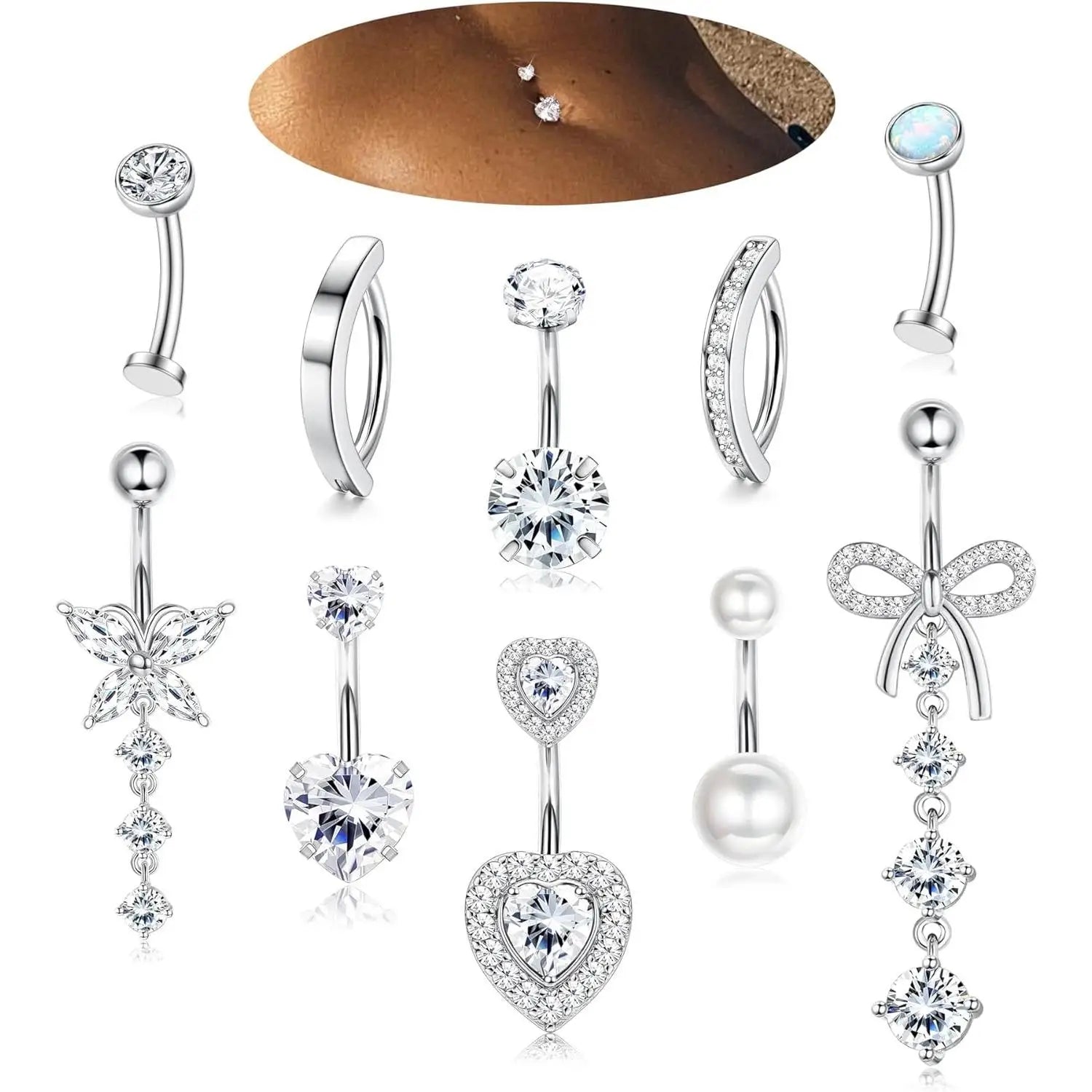 Women’s Belly Rings Pack – Surgical Steel 14G Heart & Opal Navel Piercing (10 Pcs )
