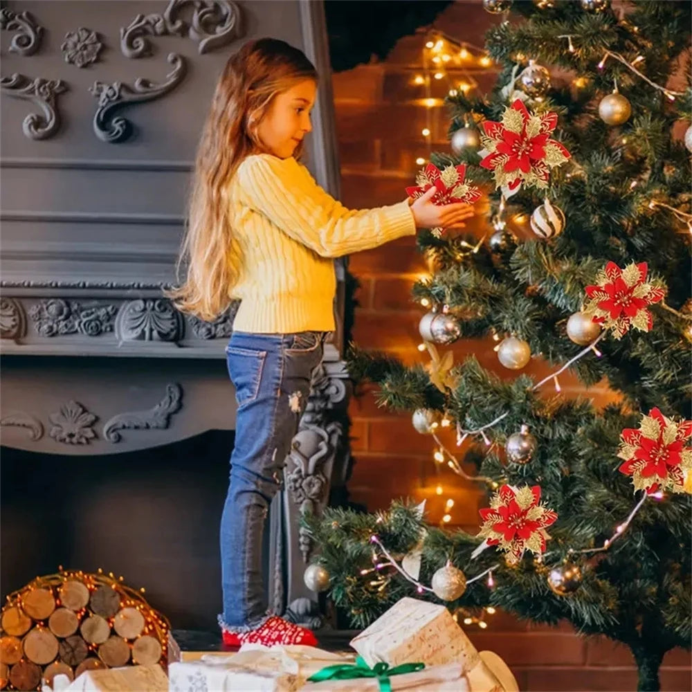 Christmas Glitter Flower Ornaments 14.5cm – 5/10pcs Tree Decorations