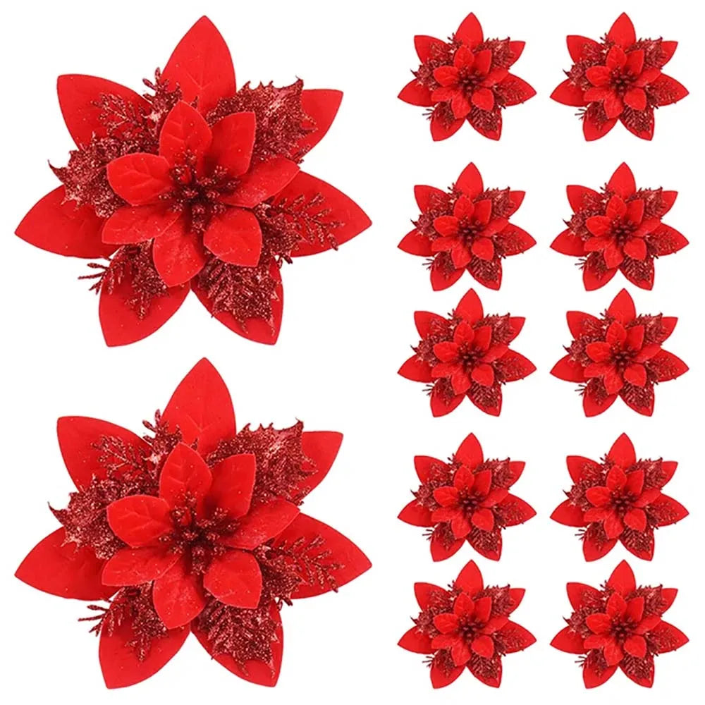 Christmas Glitter Flower Ornaments 14.5cm – 5/10pcs Tree Decorations