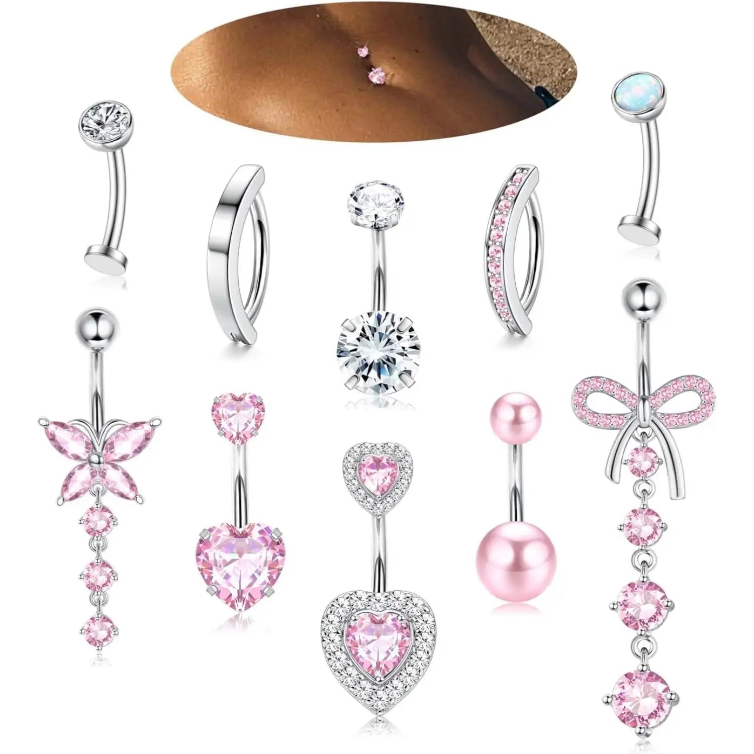 Women’s Belly Rings Pack – Surgical Steel 14G Heart & Opal Navel Piercing (10 Pcs )