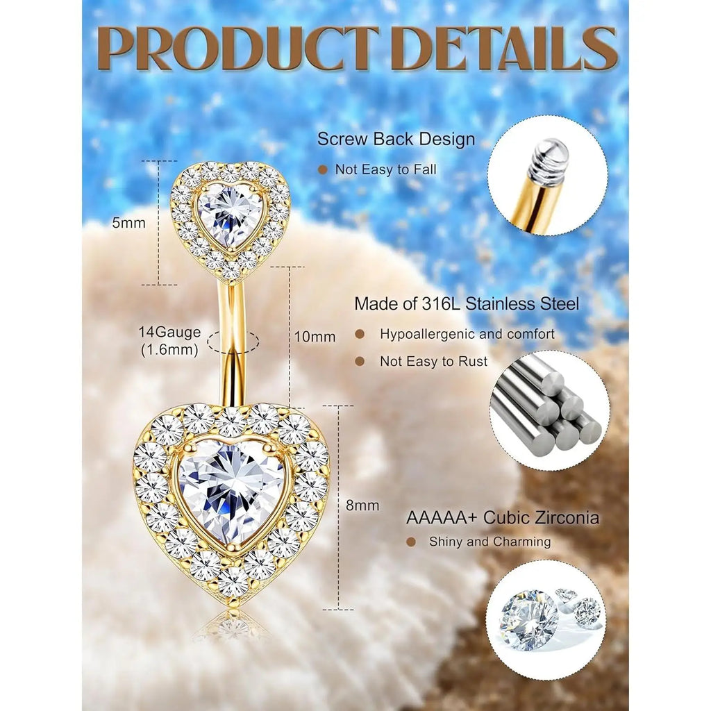 Women’s Belly Rings Pack – Surgical Steel 14G Heart & Opal Navel Piercing (10 Pcs )