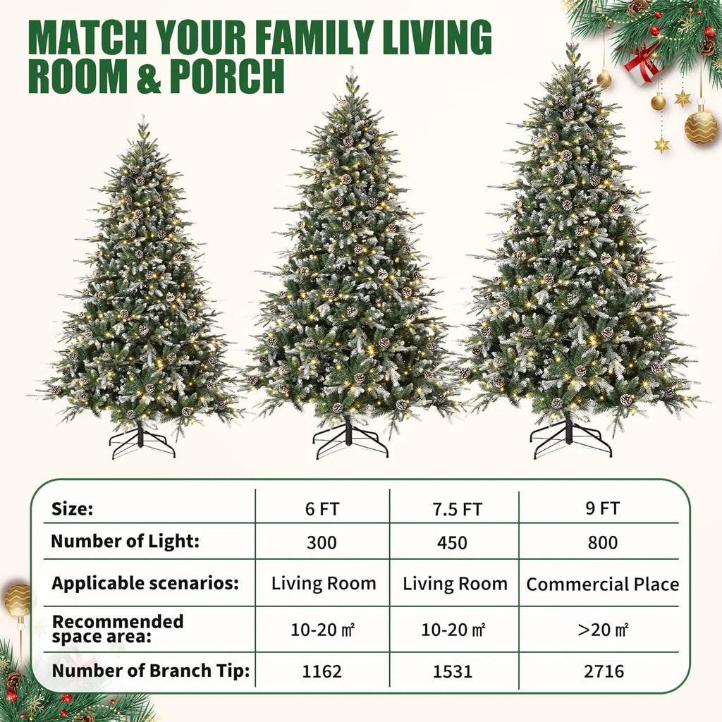 Pre-Lit Snow Flocked Christmas Tree – 6/7.5/9Ft LED Artificial Tree with Pine Cones 🎄