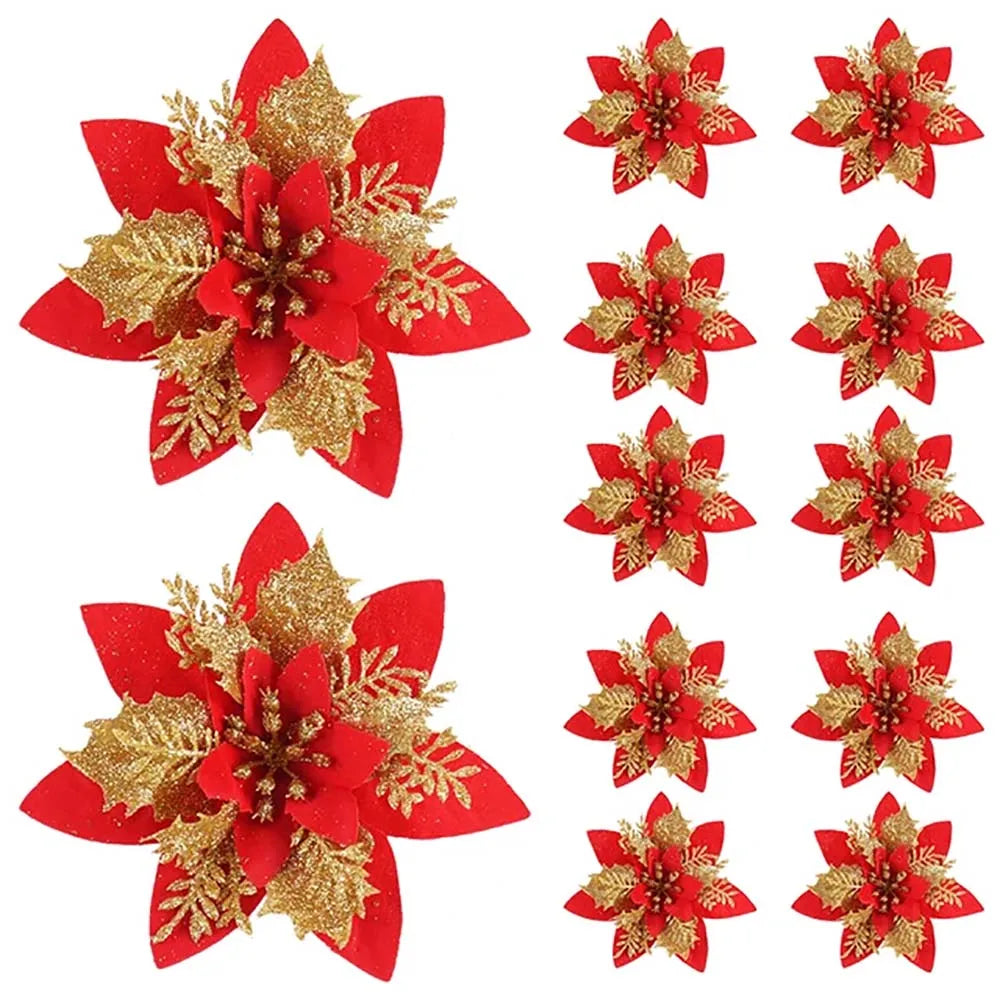 Christmas Glitter Flower Ornaments 14.5cm – 5/10pcs Tree Decorations