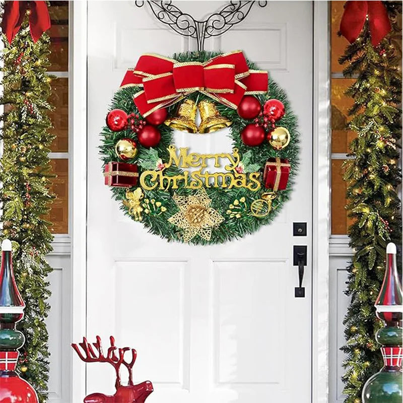 30CM Christmas Wreath – Front Door Hanging Decor with Bells, Bow & Stars