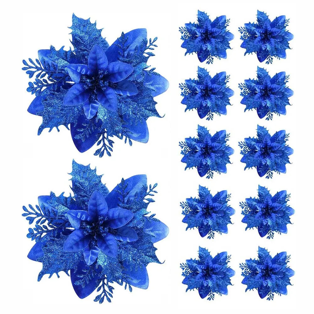 Christmas Glitter Flower Ornaments 14.5cm – 5/10pcs Tree Decorations