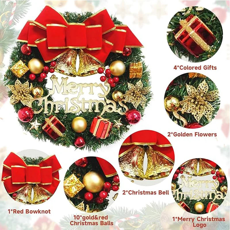 30CM Christmas Wreath – Front Door Hanging Decor with Bells, Bow & Stars