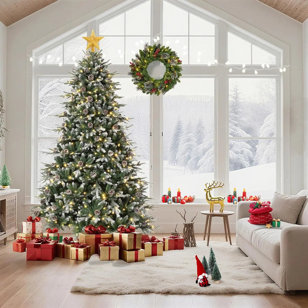 Pre-Lit Snow Flocked Christmas Tree – 6/7.5/9Ft LED Artificial Tree with Pine Cones 🎄