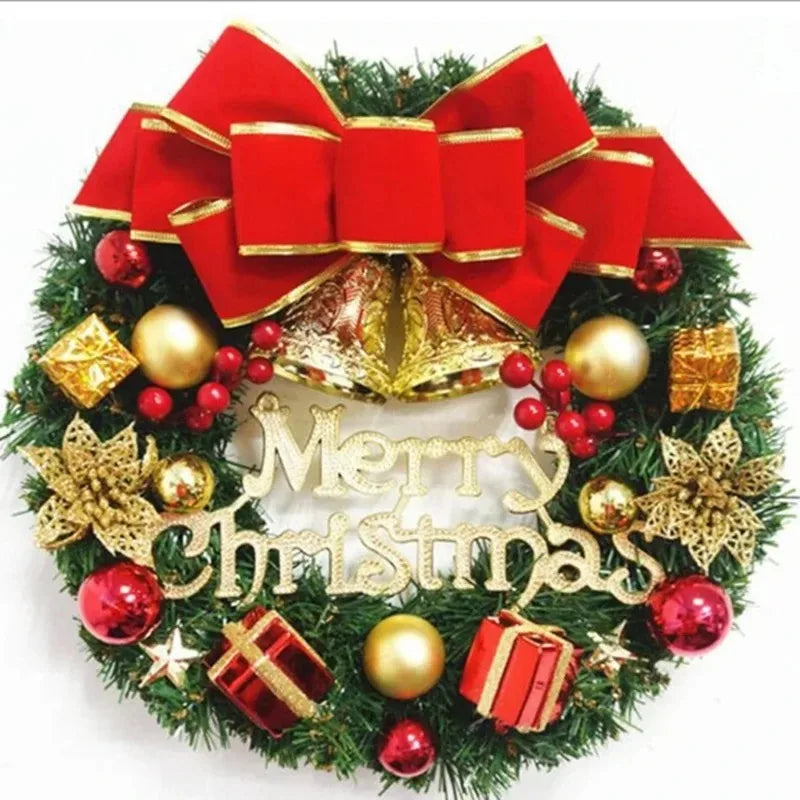 30CM Christmas Wreath – Front Door Hanging Decor with Bells, Bow & Stars