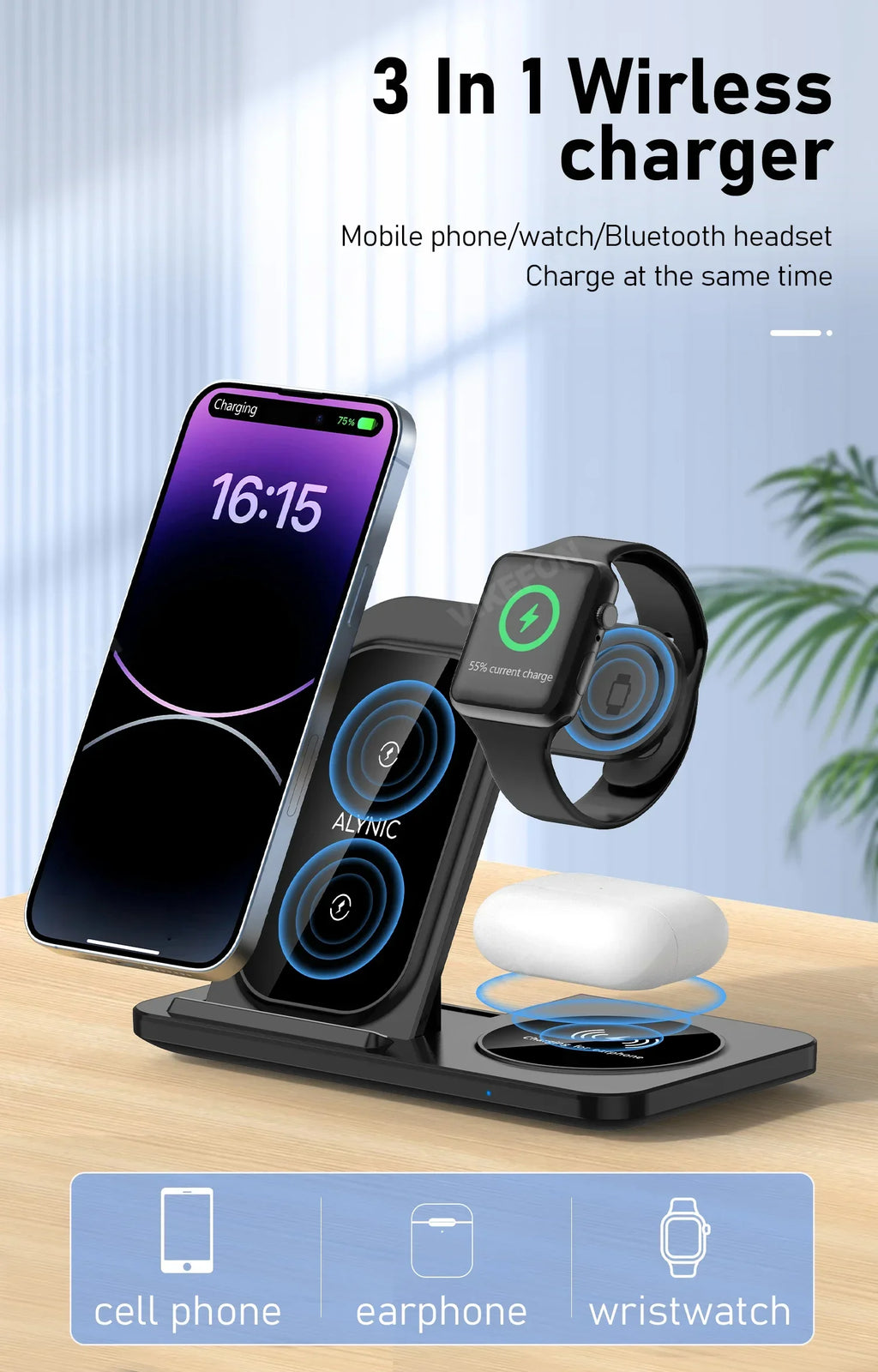 30W Foldable 3-in-1 Charging Station for iPhone, Apple Watch & AirPods