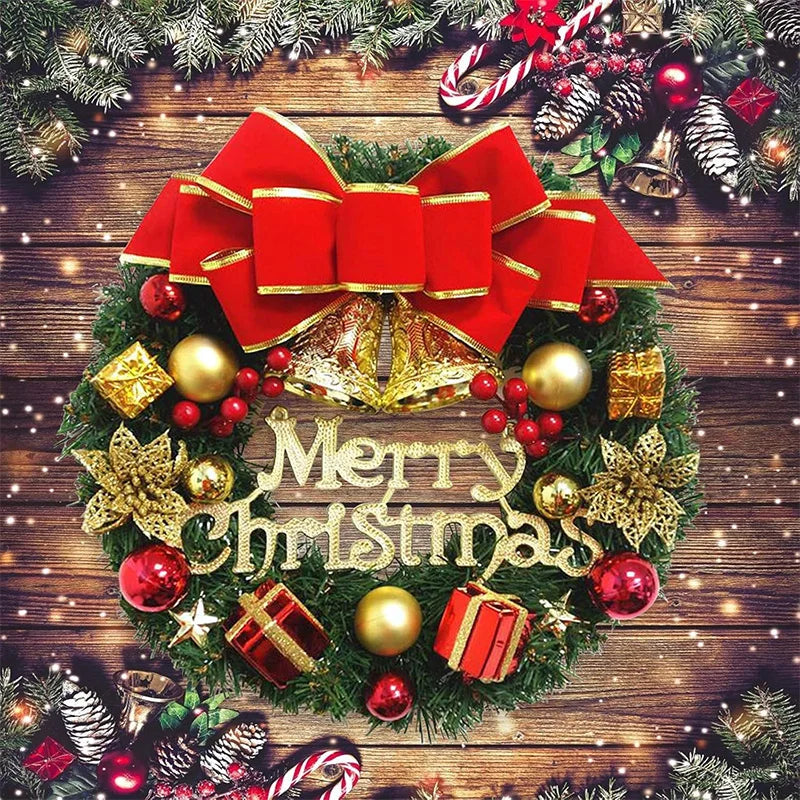 30CM Christmas Wreath – Front Door Hanging Decor with Bells, Bow & Stars