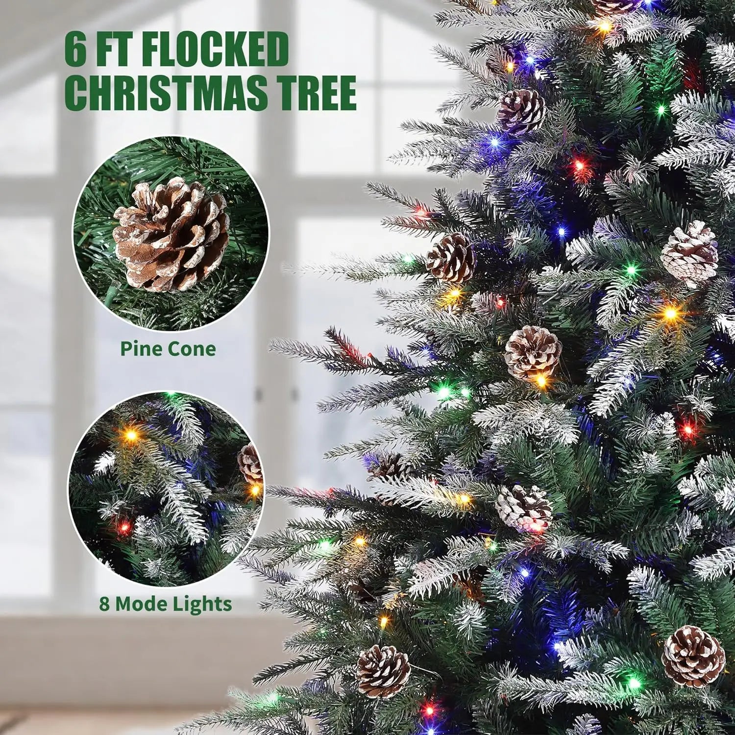 Pre-Lit Snow Flocked Christmas Tree – 6/7.5/9Ft LED Artificial Tree with Pine Cones 🎄