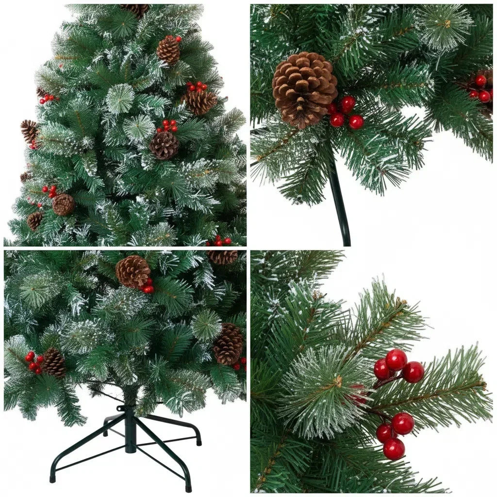 6/7FT Realistic Artificial Christmas Tree – Pinecones & Holly Berries, Unlit, Quick Setup