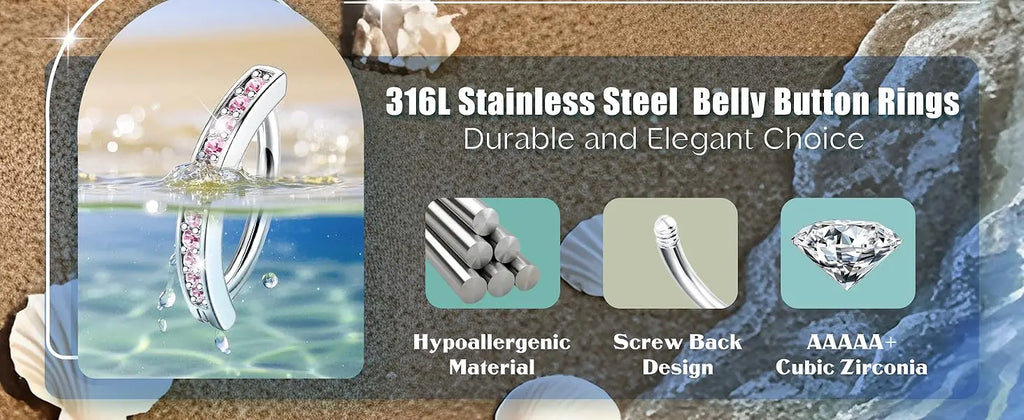 Women’s Belly Rings Pack – Surgical Steel 14G Heart & Opal Navel Piercing (10 Pcs )