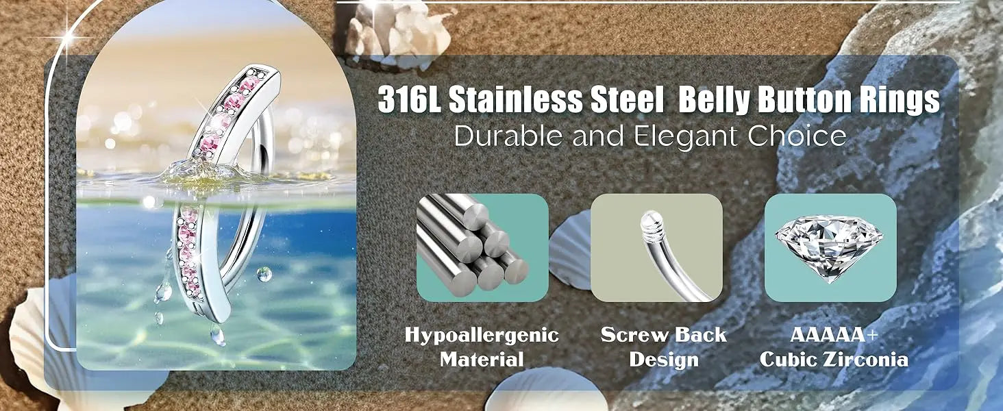 Women’s Belly Rings Pack – Surgical Steel 14G Heart & Opal Navel Piercing (10 Pcs )