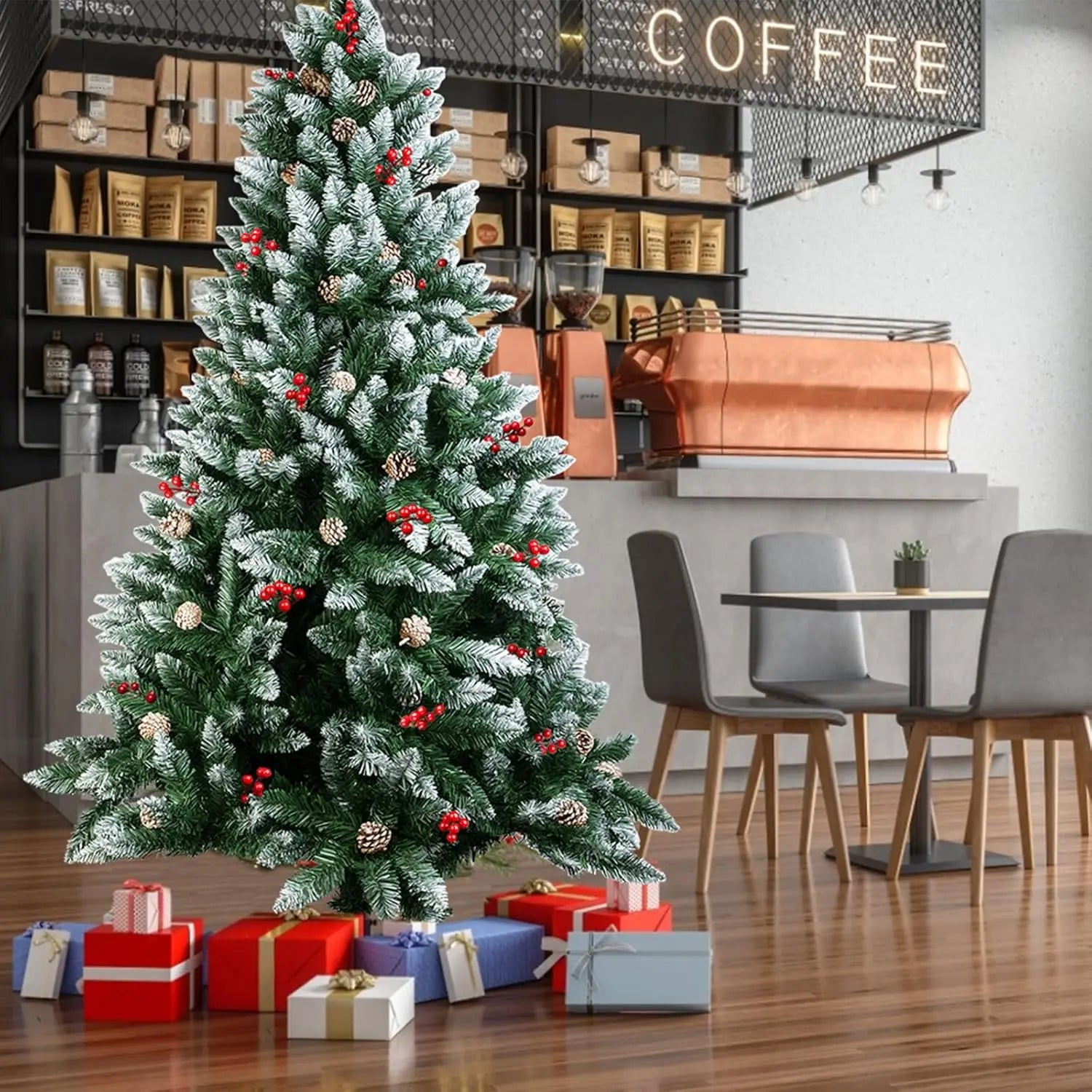 6/7FT Realistic Artificial Christmas Tree – Pinecones & Holly Berries, Unlit, Quick Setup