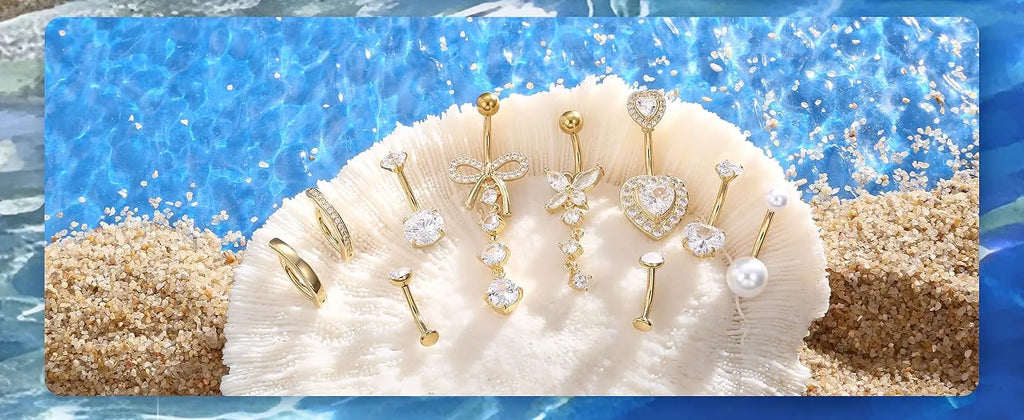 Women’s Belly Rings Pack – Surgical Steel 14G Heart & Opal Navel Piercing (10 Pcs )