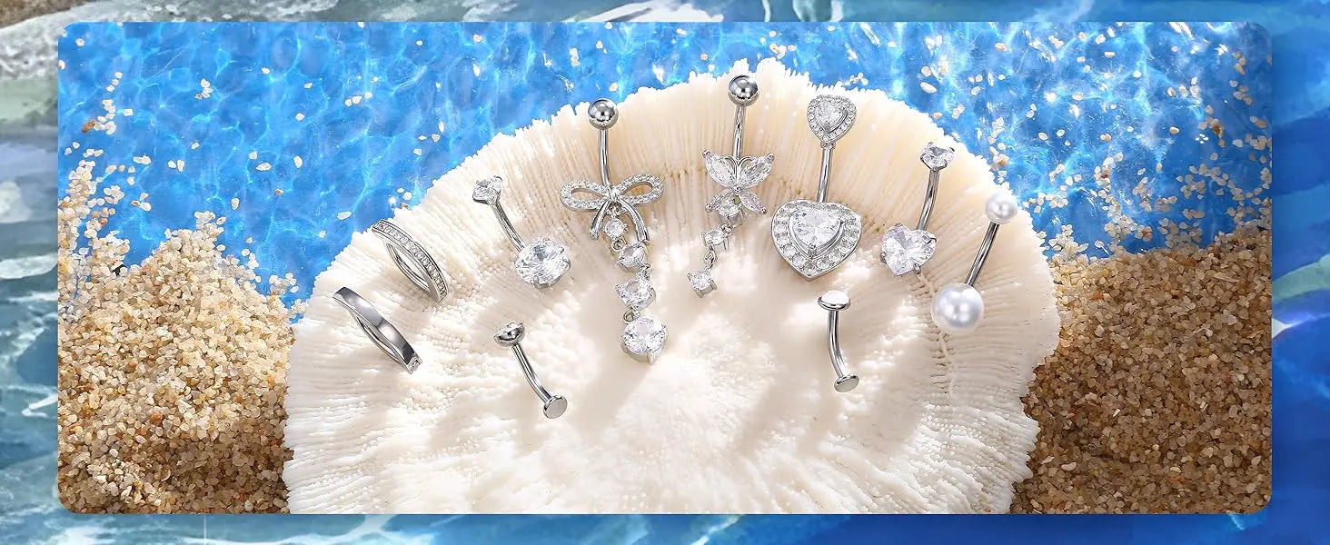 Women’s Belly Rings Pack – Surgical Steel 14G Heart & Opal Navel Piercing (10 Pcs )