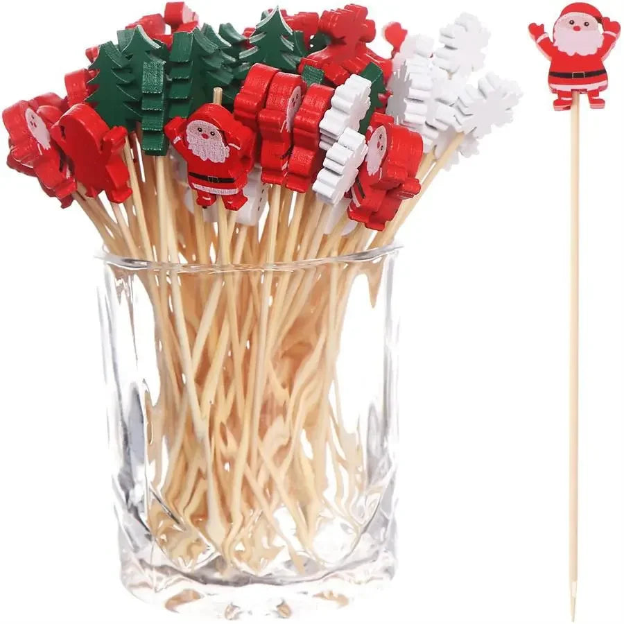 🎄 50Pcs Christmas Bamboo Fruit Sticks – Snowflake, Tree & Santa Party Picks