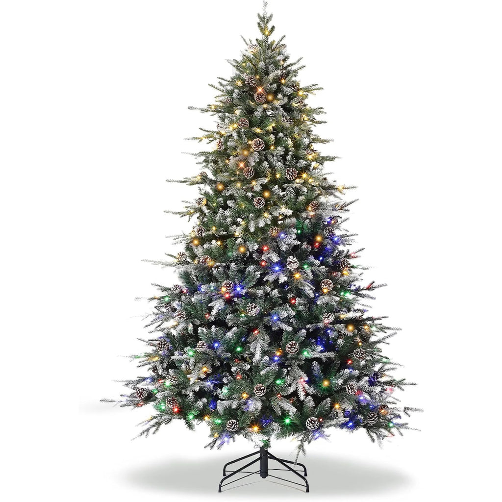 Pre-Lit Snow Flocked Christmas Tree – 6/7.5/9Ft LED Artificial Tree with Pine Cones 🎄