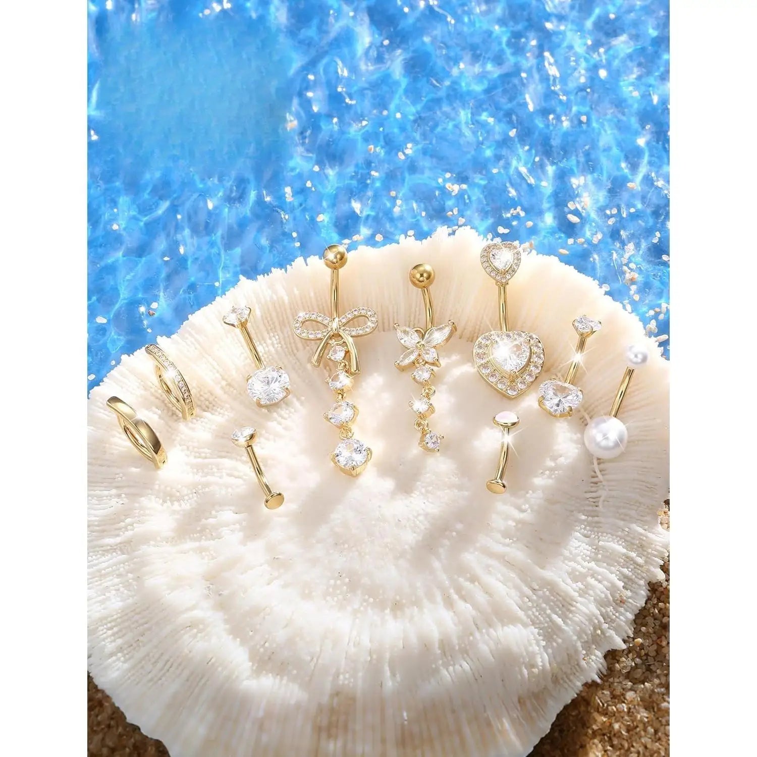 Women’s Belly Rings Pack – Surgical Steel 14G Heart & Opal Navel Piercing (10 Pcs )