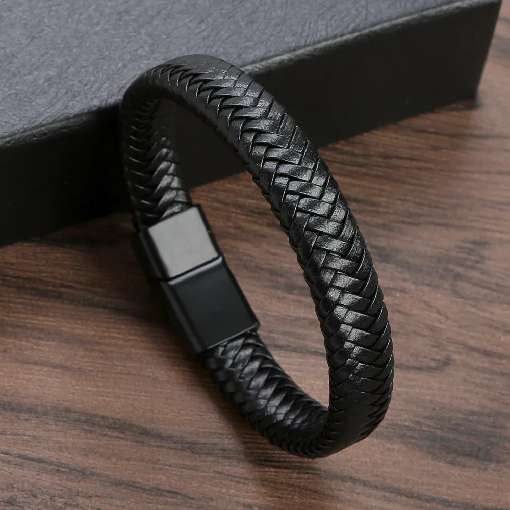 Men’s Black PU Leather Magnetic Bracelet – Elegant, Mature & Stylish Gift for Him