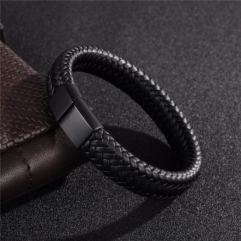 Men’s Black PU Leather Magnetic Bracelet – Elegant, Mature & Stylish Gift for Him