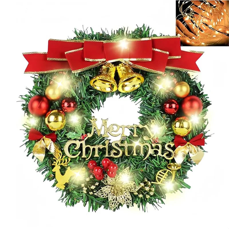 30CM Christmas Wreath – Front Door Hanging Decor with Bells, Bow & Stars
