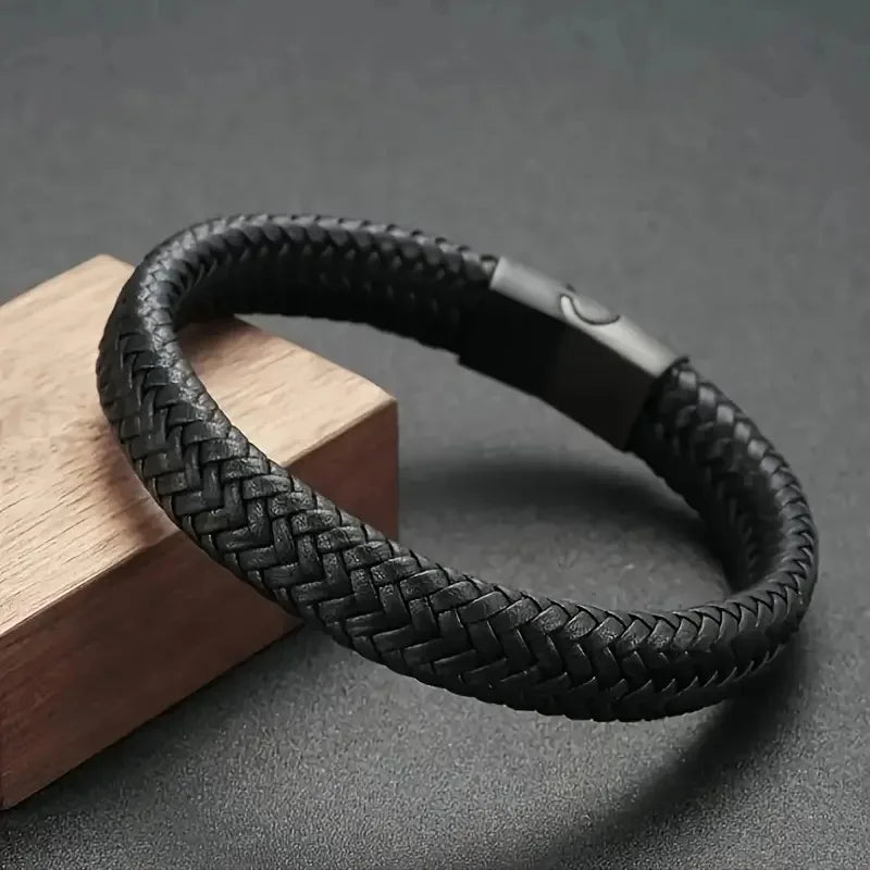 Men’s Black PU Leather Magnetic Bracelet – Elegant, Mature & Stylish Gift for Him