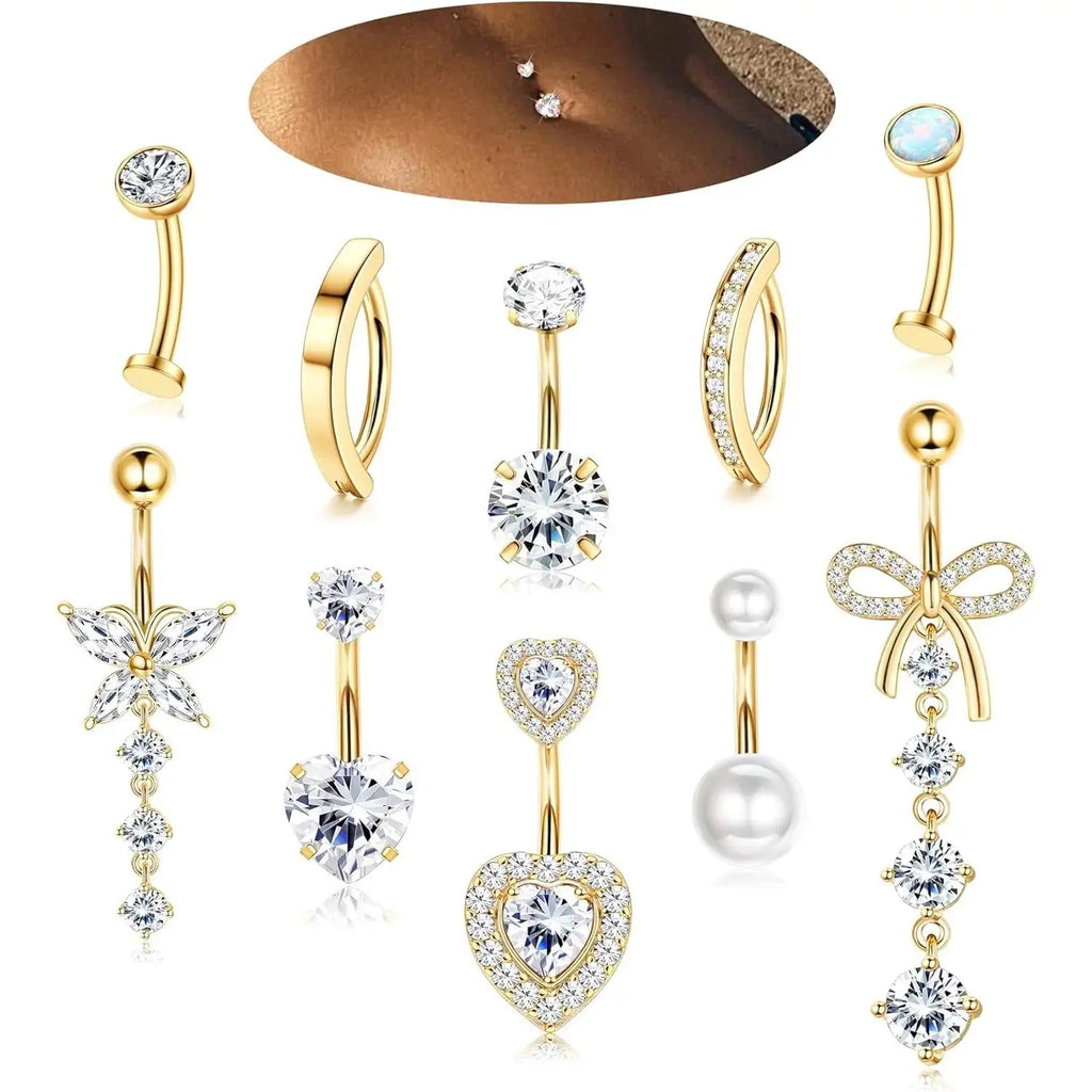 Women’s Belly Rings Pack – Surgical Steel 14G Heart & Opal Navel Piercing (10 Pcs )