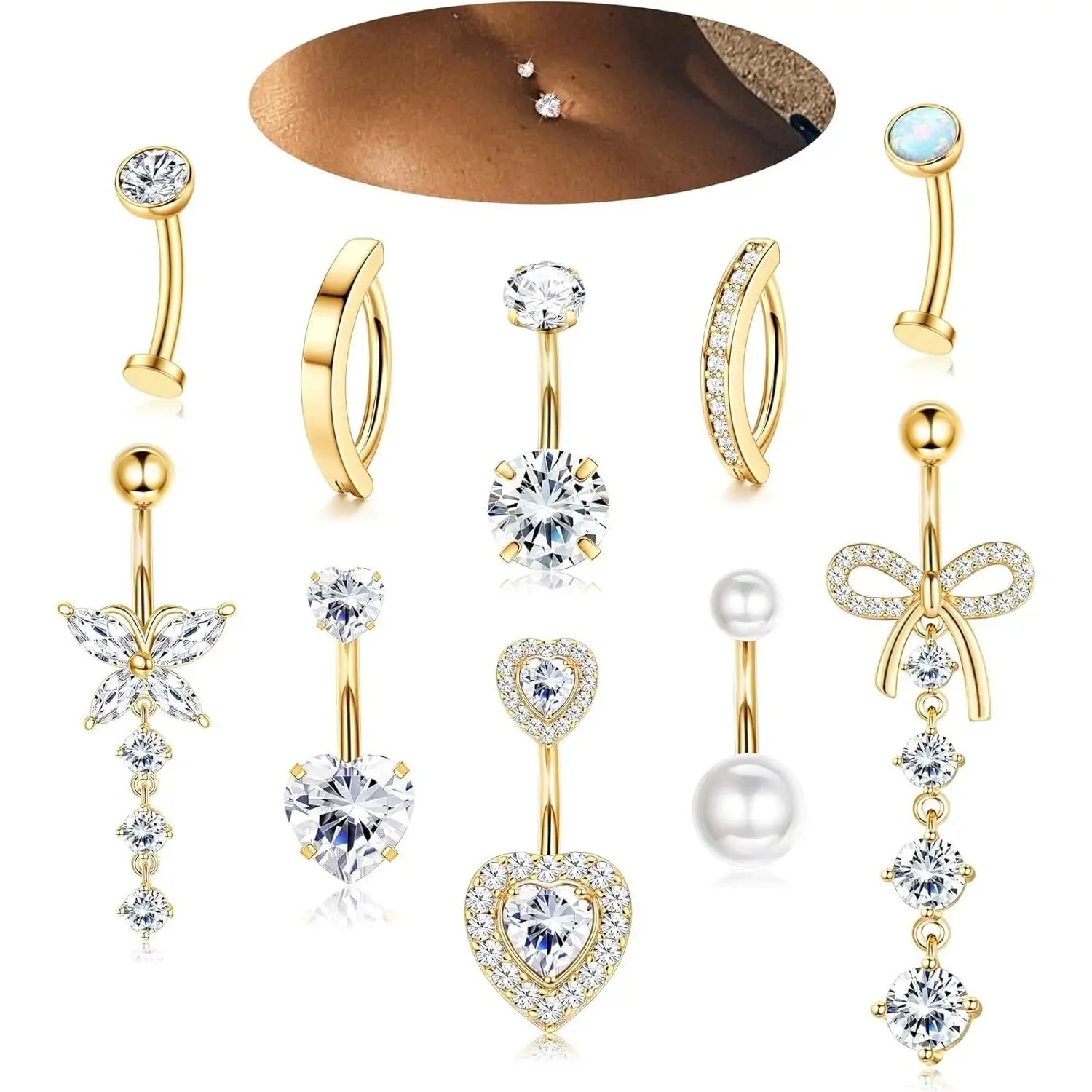 Women’s Belly Rings Pack – Surgical Steel 14G Heart & Opal Navel Piercing (10 Pcs )