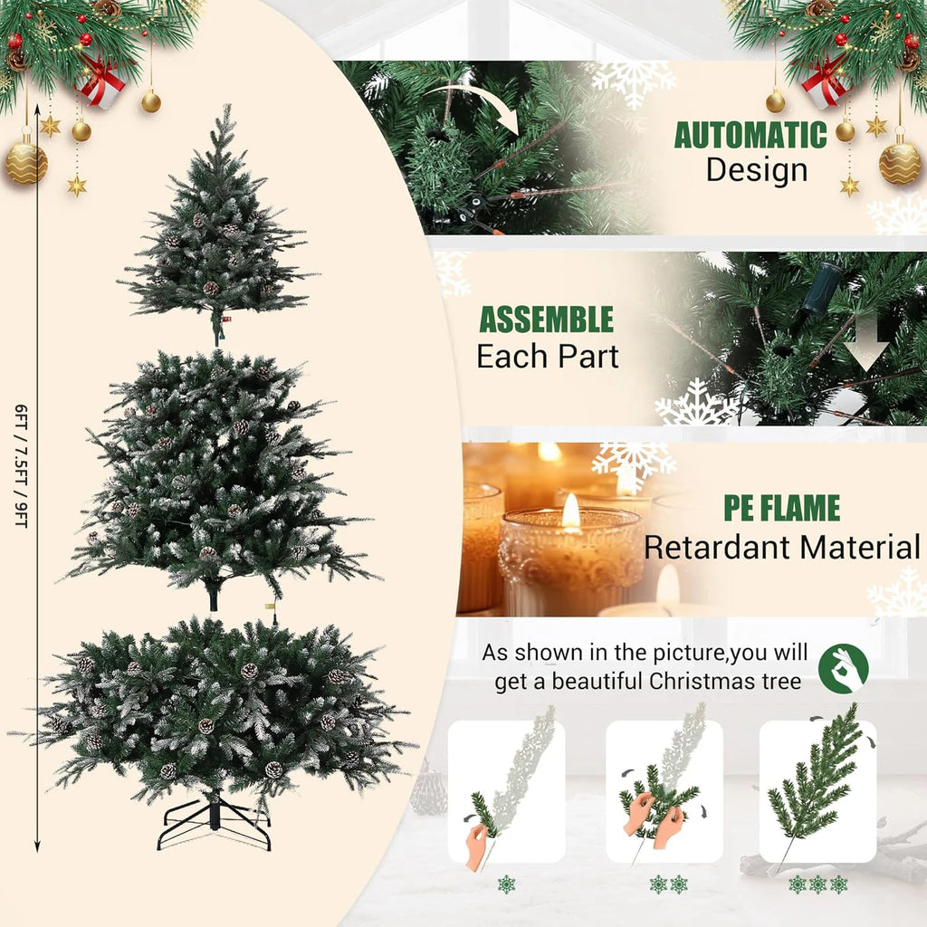Pre-Lit Snow Flocked Christmas Tree – 6/7.5/9Ft LED Artificial Tree with Pine Cones 🎄