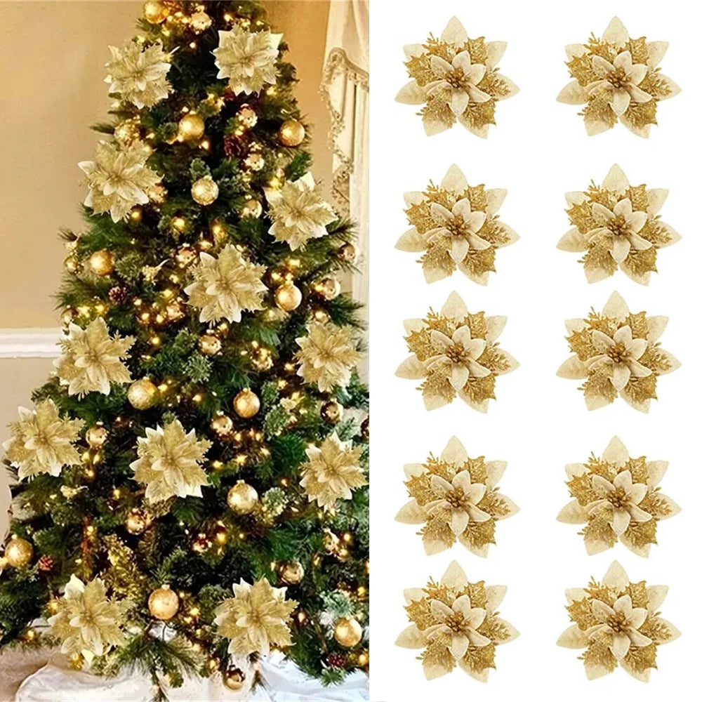 Christmas Glitter Flower Ornaments 14.5cm – 5/10pcs Tree Decorations