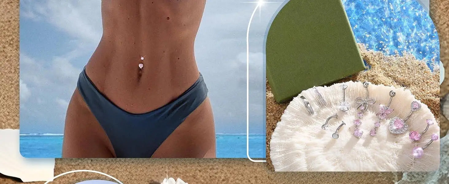 Women’s Belly Rings Pack – Surgical Steel 14G Heart & Opal Navel Piercing (10 Pcs )