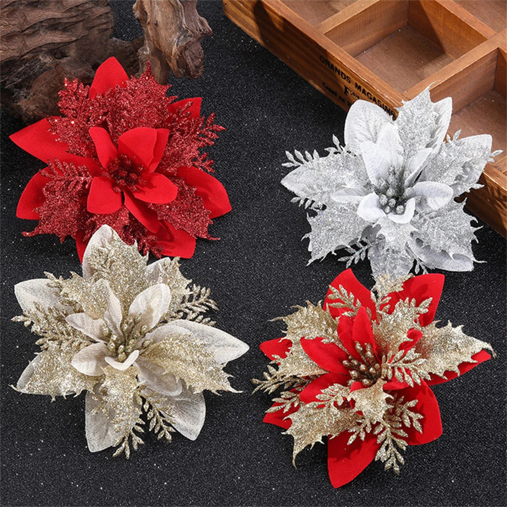 Christmas Glitter Flower Ornaments 14.5cm – 5/10pcs Tree Decorations