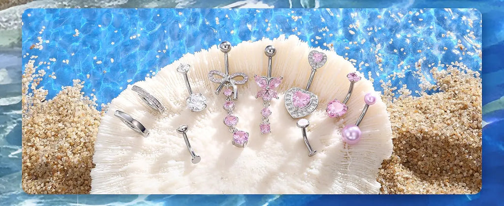 Women’s Belly Rings Pack – Surgical Steel 14G Heart & Opal Navel Piercing (10 Pcs )
